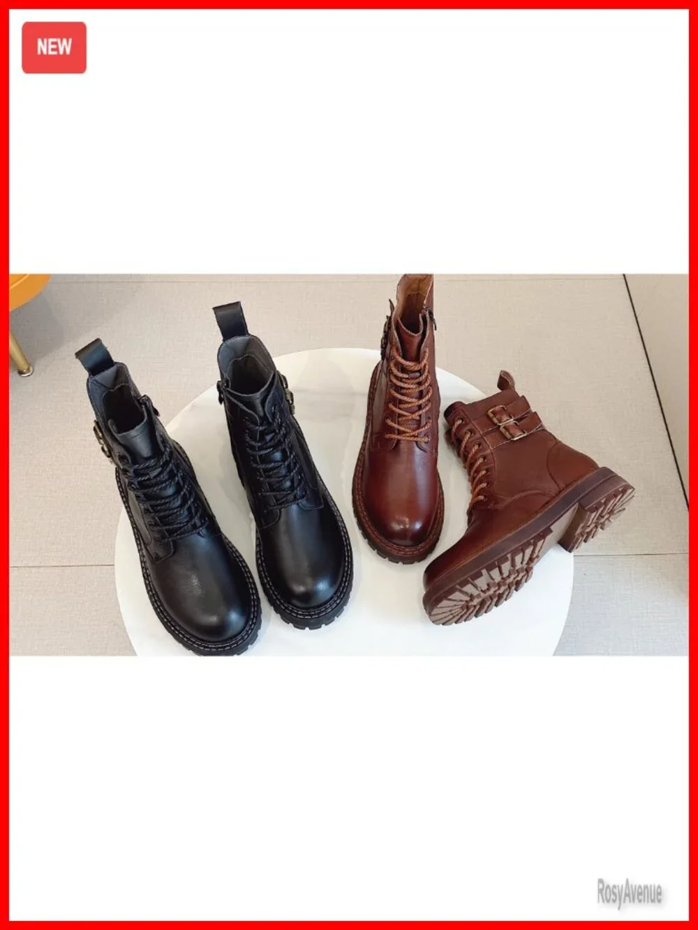 Real Leather Ankle Boots Low Heel Lace Up Booties